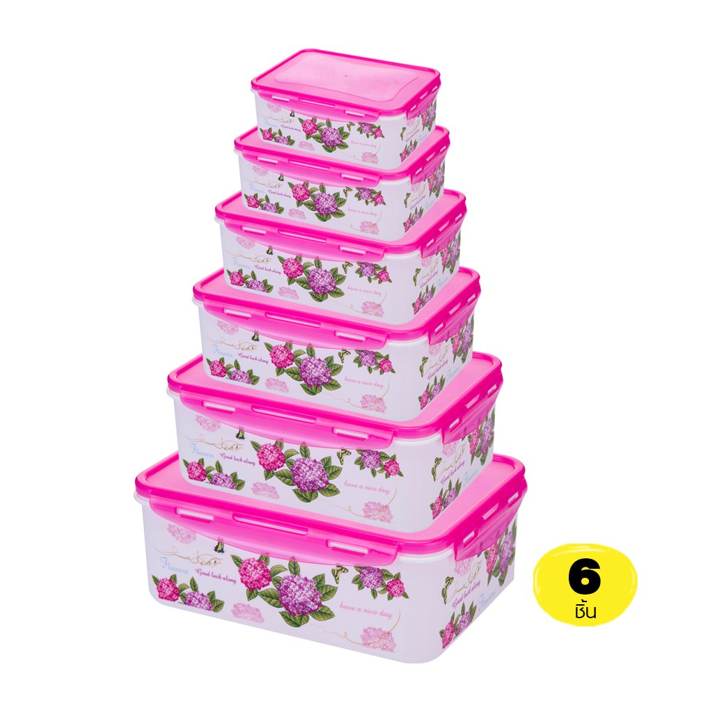 ชุดกล่องอาหารฝาซุปเปอร์ล็อก 6ชิ้น ลายดอกไม้สีชมพู รุ่น JC-12137-6M