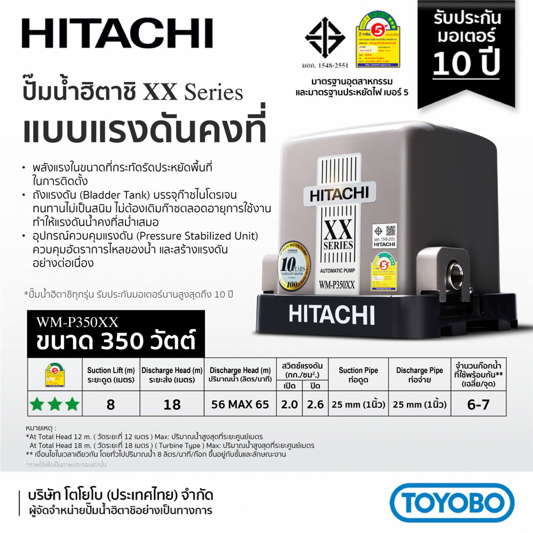 ปั๊มน้ำ HITACHI รุ่น WM-P350XX กำลังไฟ 350 วัตต์ แรงดันคงที่ - Image 2